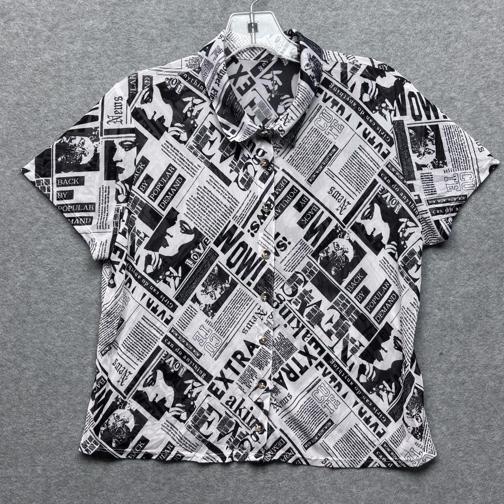Womens Sheer Mesh‎ Button Up Cropped Top Stretch News Print Grunge Punk XXL (Jr)